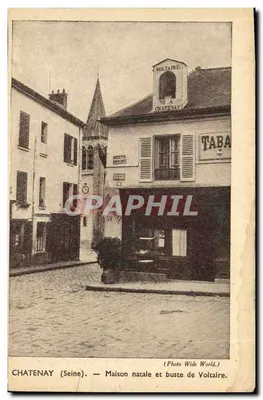 Bilhete postal antigo Chatenay Lar natal e busto de Voltaire