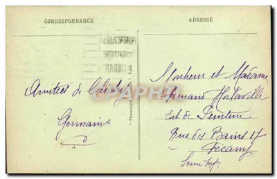 Clichy - Rue Villeneuve — widok ulicy z drukarniami i kawiarnią — wydawca Phototypie Clichy — Rewers