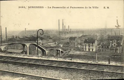 Bilhete postal antigo Suresnes La Passerelle e Panorama da Cidade