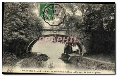 Garches S.-et-O. — Parque de Villeneuve. O lago artístico. O Ponte de pedra — F. F. Paris, n°13
