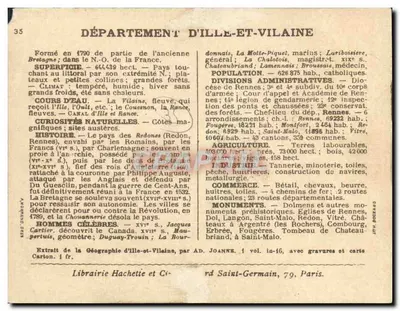 Département d'Ille-et-Vilaine — carte géographique et historique avec illustrations d'édifices — Verso