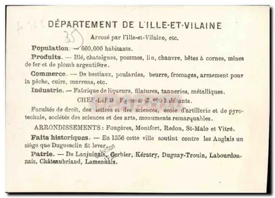 Departament Ille-et-Vilaine — Ilustrowana kartka pocztowa z mapą geograficzną i postacią w stroju tradycyjnym — Wydawca: , nr 35 — Rewers
