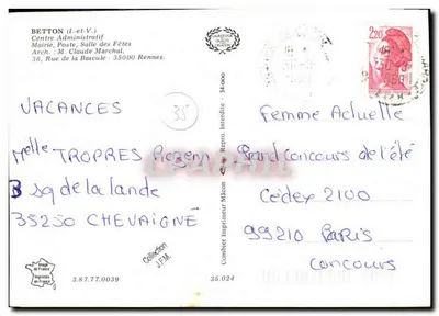Administratief Centrum van Betton (Ille-et-Vilaine) — Zaal van Feesten — Uitgever Comblet, Rennes — Achterkant