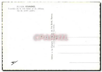 Fougères — Conjunto da cidade baixa e do castelo vistos do jardim público — Edição « La Cigogne » — Verso
