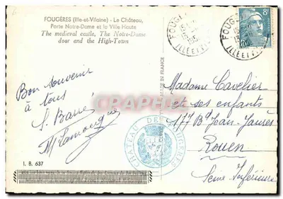 Fougères (Ille-et-Vilaine) — Het Kasteel, Poort Notre-Dame en de Bovenstad — Yvon, n° 637 — Achterkant
