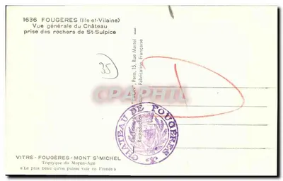 Fougères — Vista general del castillo tomada desde las rocas de St-Sulpice — Las Ediciones de Yvon — Reverso