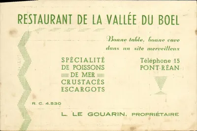 Restaurante da Vale do Boël — especialidades peixes, crustáceos, caracóis — L. Le Gouarin, proprietário
