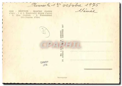 Quartier Jeanne d'Arc — Rennes — éditeur P. Mesny, n° 3009 — Verso