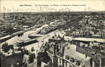 Rennes — Widok panoramiczny. Rzeka Vilaine. Plac Misji i Mail — Wydawca R. Marte