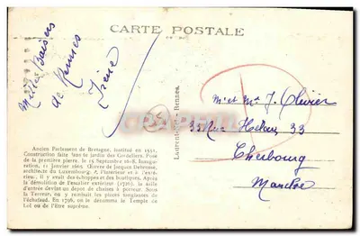 Rennes — Palais de Justice (Monument historique) — CPA n°1511 — Verso