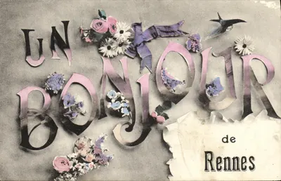 Un Bonjour de Rennes — carte postale décorative avec fleurs et oiseau