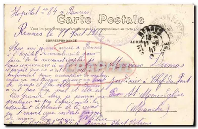 Rennes — L'Hôpital de Pontchaillou La Chapelle et Bâtiments affectés aux blessés militaires — E. Mary Rousselière édit Rennes — Verso