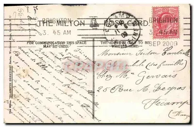 Brighton — Saudações de Brighton — A Série de Cartas Postais Milton — Verso