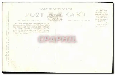 Londyn z pomnika — widok na Tamzę i most Tower — pocztówka Valentine's, nr 43870 — Rewers