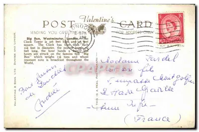 Big Ben, Westminster, Londres — Cartão de Valentim, editor Valentine & Sons Ltd, n° C. 5795 — Verso