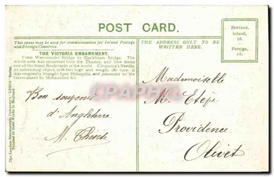 Londres - Embankment do rio Thames — vista com barco e obélisco — editor The London Steamboat Company — Verso