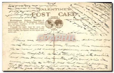 Pałac Buckingham w Londynie — widok z Parku St. James — wydawca Valentine's Post Card, nr 219748 — Rewers