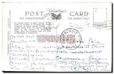 A Rainha e o Duque de Edimburgo — Cerimônia do Trooping do Colour — Yalesque Postcard & Sons Ltd. — Verso