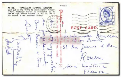 Plac Trafalgar w Londynie — dominowany przez kolumnę Nelsona — wydawca Gif Sales by Avon Ltd. — Rewers