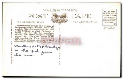 Casas do Parlamento e Ponte de Westminster, Londres — (41) — Carta de Visita de Valentine — Valentine & Sons Ltd., Dundee e Londres — Verso