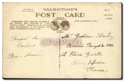 Cenotaph en Whitehall, Londen — Uitzicht op het plein met het monument en voertuigen — Valentine's Post Card n°35-1 — Achterkant