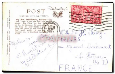 Big Ben, Westminster, Londres — H.9153.R. — Valentine's Postcards Ltd. — Verso