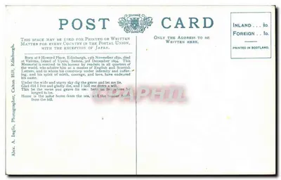 Monumento a Robert Louis Stevenson — Calton Hill, Edimburgo — Fotógrafo Alex. A. Ingilis — Verso
