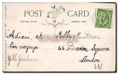 W zielonych pastwach — scenografia pastoralna z pasterzem i owcami — wydane przez J.W.B. England, seria nr 317 — Rewers