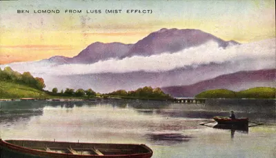 Ben Lomond a partir de Luss (Efeito de neblina) — vista lacustre com barco — Carta Postal Valentine's n°30-2