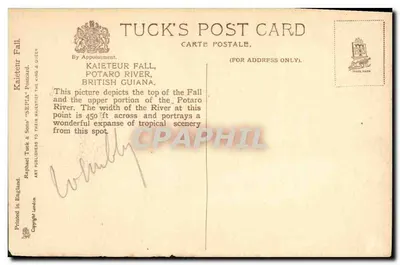 Stara pocztówka Kaietur Fall Potaro River British Guiana — Rewers