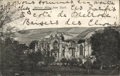 Bilhete postal antigo Mosteiro de Melrose vista do sul