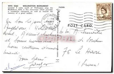 Monumento de Wellington — Colinas de Blackdown — Courtrichure Pub. Ltd. n° P42606 — Verso