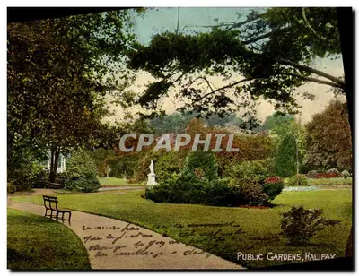 Jardins Públicos, Halifax — vista de parque com banco e estátua — Carta Postal de Lembrança, Halifax, N.S.