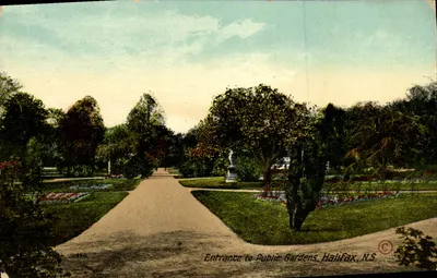 Entrada para os Jardins Públicos, Halifax, N.S. — carta postal colorida — editor 'British Post Card Manufacturers' (nº 101854)
