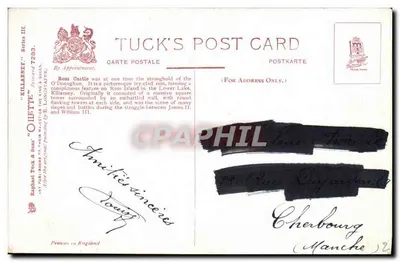 Castillo de Ross, Killarney — ruina vegetalizada en la isla de Ross — Tuck's Post Card, serie III, n°7283 — Reverso