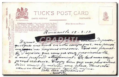 O'SULLIVAN'S CASCADE, KILLARNEY — pintura de E. Longstaffe — serie Tuck's Post Card III — Reverso