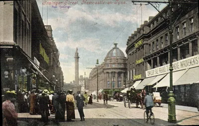 Irainger Street, Newcastle-on-Tyne — vue animée avec colonne et bâtiments — Valentine's Series 118