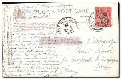 Oxford - Balliol College — illustration de H. B. Wimbush — éditeur F. Tuck's Post Card — Verso