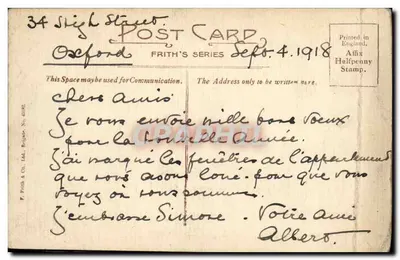 Tarjeta postal antigua Oxford High Street — Reverso