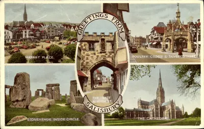 Salisbury — Market Place, Poultry Cross & Silver Street, The Gate & High St, Stonehenge Inside Circle, The Cathedral — Valentine's Postcard Ltd