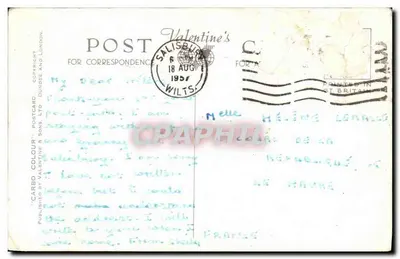 Salisbury — Market Place, Poultry Cross & Silver Street, The Gate & High St, Stonehenge Inside Circle, The Cathedral — Valentine's Postcard Ltd — Verso