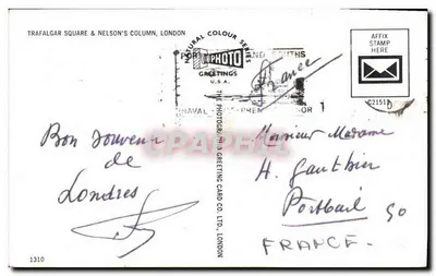 Plac Trafalgar i Kolumna Nelsona, Londyn — seria Natural Colour — The Photographic Greeting Card Co. Ltd., Londyn, nr 1310 — Rewers