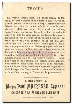 Troika russa — ilustração de troika invernal — Maison Paul Mairesse, Cambrai — Verso
