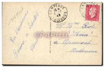 Uma criança com guarda-chuva e cesto — Notre Normandie — Ed. H. Ernice, sucessor, Campeaux — Verso
