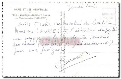 Basílica do Sagrado Coração — Paris — Editor André Lecointe, n° 3019 — Verso