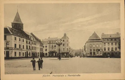 Jülich. Marktplatz u. Marktstraße — vista da praça e da rua — editor Josef Flamm, Jülich, n° 1014