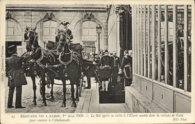 Edward VII w Paryżu — 1 maja 1903 — Król po wizycie w Elyzée wsiada do auta gali