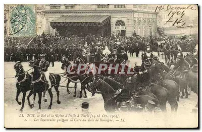 Souvereni Włoch wychodzą z Gare du Bois de Boulogne — LL. MC. — Wydawnictwo Nowoczesne Fotograficzne, Paryż