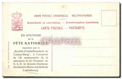 S.A.R. Wielka Księżna dziedziczna Marie-Adelaïde — urodzona w pałacu Wielkiego Księstwa w Bergu 14 czerwca 1894 — wydane przez Towarzystwo Uzdrowienia Colmar-Berg — Rewers