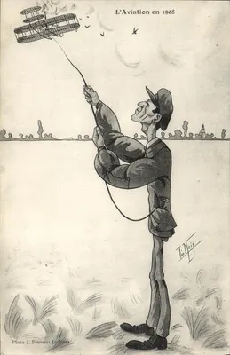 A Aviação em 1908 — caricatura de um homem lançando uma aeronave como um papagaio — Foto J. Bouvercel Le Mans